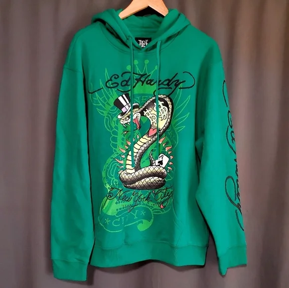 Ed Hardy Green New York City Snake Poker Graphic Hoodie Size XL NWT - Picture 9 of 9